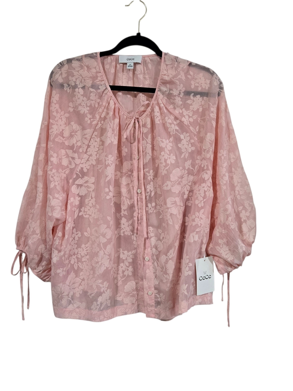 CeCe Pink Floral 3/4 Sleeve Button Front Blouse Tie Cuffs Camisole New XXL 2X